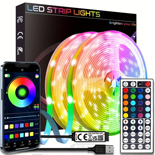 RGB LED strip lights ranging from 91.44cm to 29.87 meters in length, featuring USB power, color-changing capabilities, IR remote and app control, DIY modes, cuttability, adjustable brightness, and easy installation for various spaces such as bedrooms