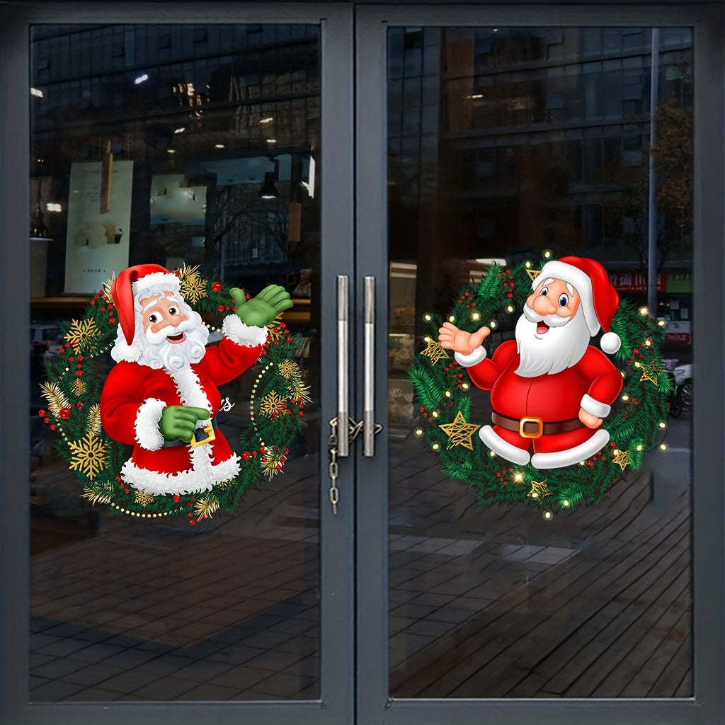 Two pieces of Christmas glass window stickers featuring Santa Claus patterns. These window clings are perfect for decorating bedrooms, living rooms, homes, shopping malls, and can be easily removed.