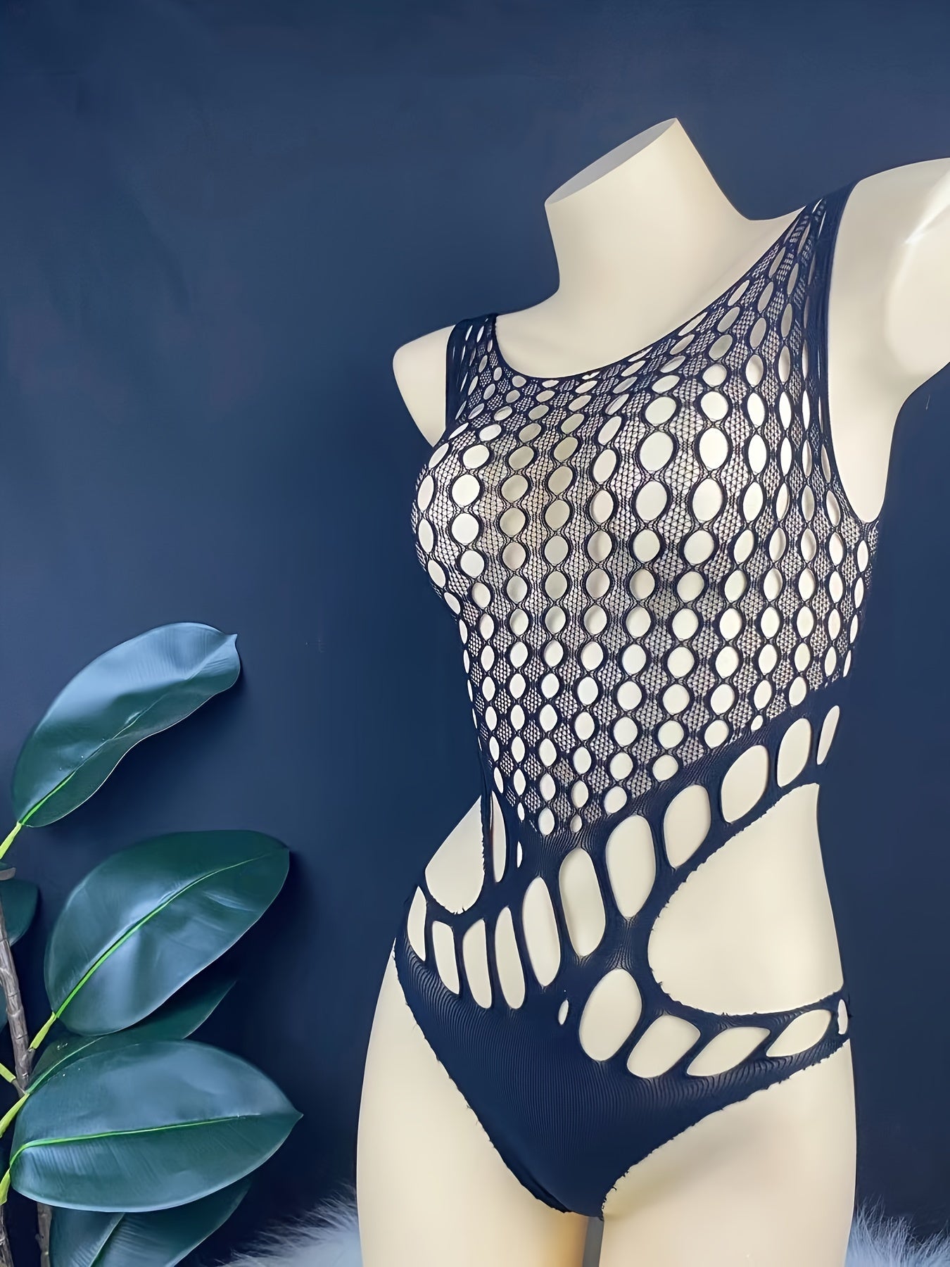 Nylon bodysuit with hook knit cutout design and tight fit for adult women's sexy streetwear.