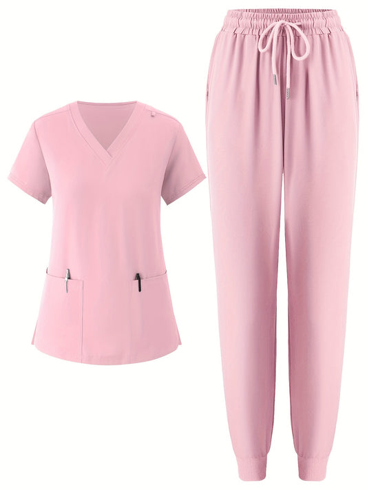 Women's V-Neck Scrub Set, 95% Polyester, 5% Elastane, Solid Color, Breathable with Pockets, All-Season Workwear