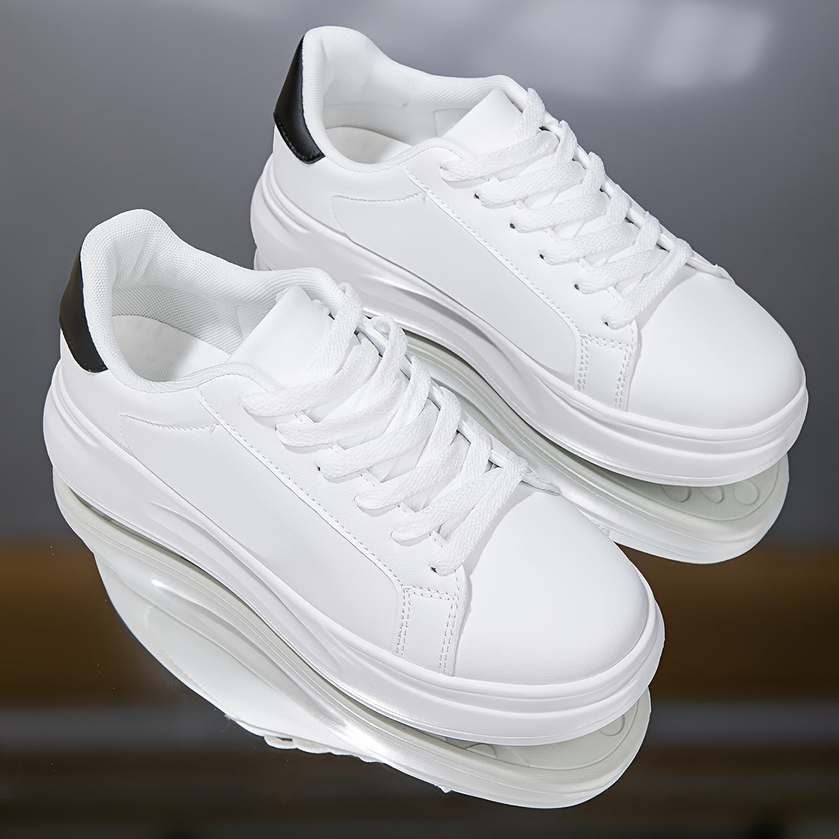 Classic White Sneakers for Women with Waterproof and Height-Boosting Thick Sole, Low-Top Lace-Up design.