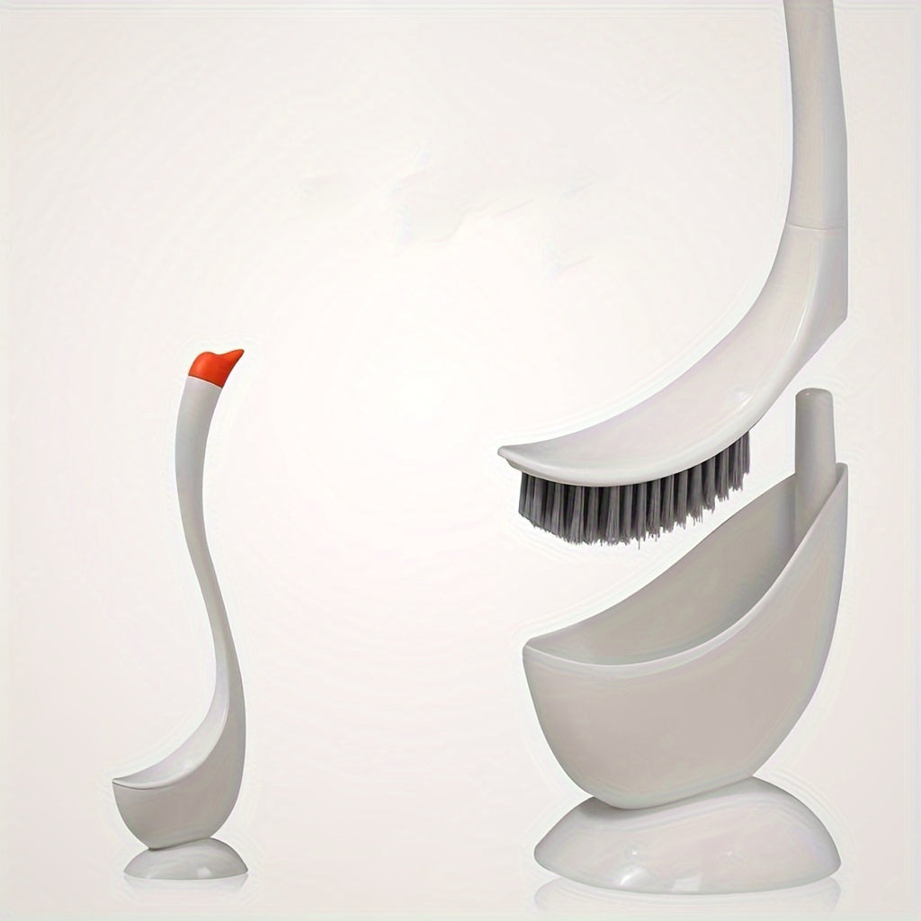 Swan-shaped toilet brush and holder made of durable plastic, freestanding with efficient cleaning design for stylish bathrooms.