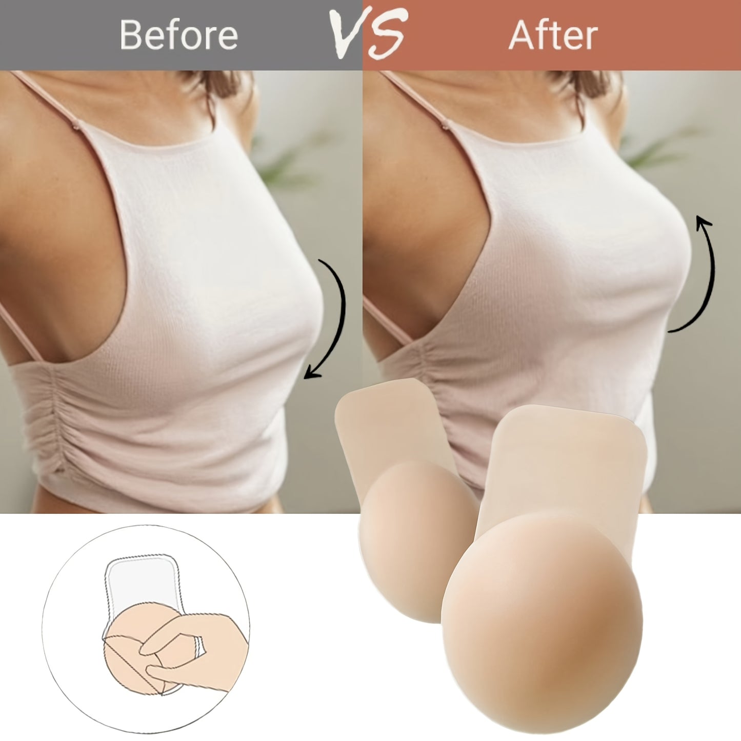 Invisible stick-on lift bra and seamless push-up nipple covers for women's lingerie.