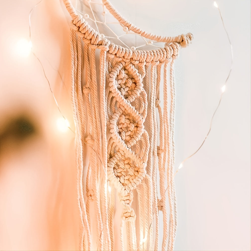 Get the perfect boho room decor with moon macrame wall pediments. Ideal gift for Christmas, Halloween, and Thanksgiving Day. Please note that strip lights are not included and need to be purchased separately.