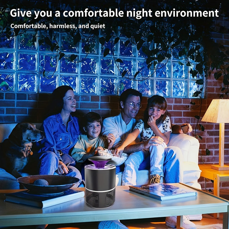 Sleek black USB-powered mosquito repellent lamp with low-decibel operation.Silent, automatic indoor device safe for youngsters and elderly.