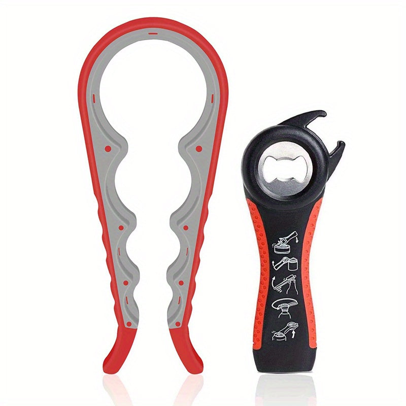 Multifunctional 5-in-1 Jar Opener, Bottle Opener, and Can Opener Set with Rubber Grip Handle - Essential Kitchen Tool for Outdoor Camping and Everyday Use