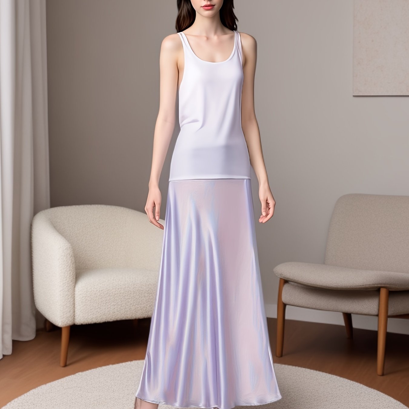 Stretchy imitation acetate satin midi skirt with fishtail design for women.