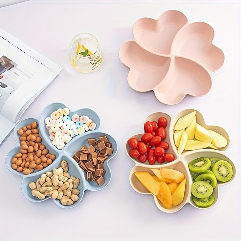 Durable Heart-Shaped Party Snack Tray with 4 Compartments, Multi-Section Reusable Plastic Plate in Blue, Green, Beige, and Pink for Nuts, Candy, and Fruits.