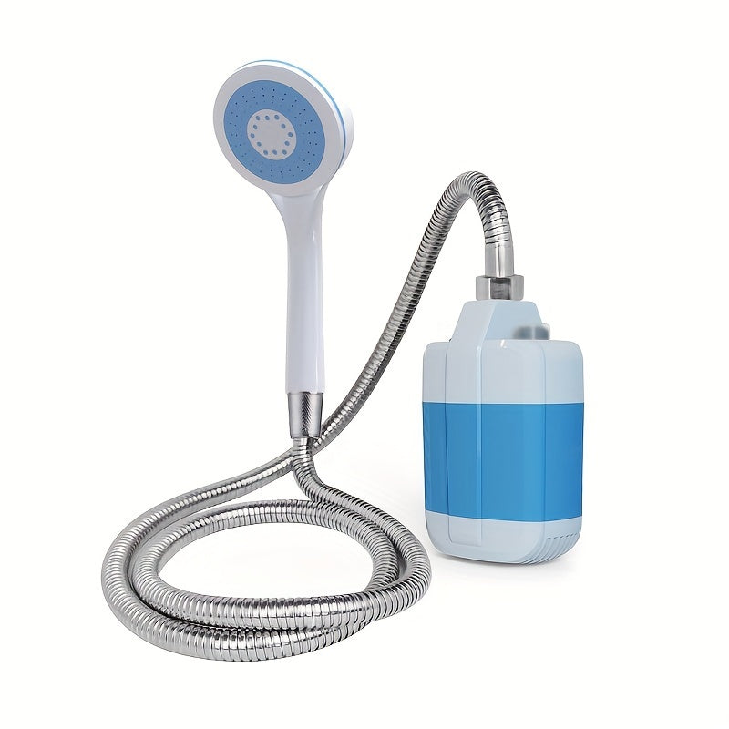 Portable camping shower with USB rechargeable battery, ABS material, ideal for outdoor activities.