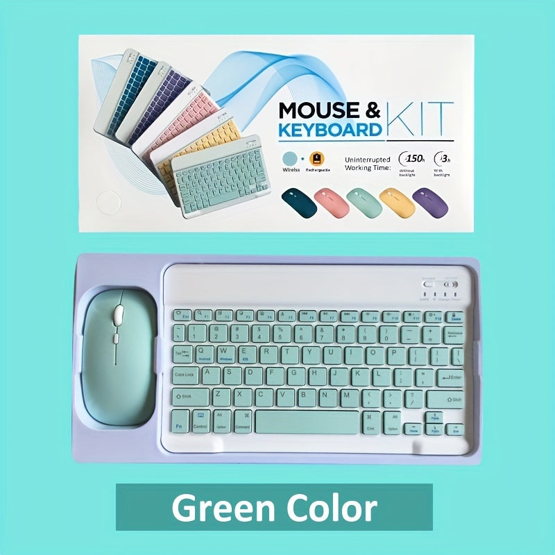 Portable keyboard and mouse combo for tablets - compatible with iPad, Android, Samsung, Xiaomi. Features wireless connectivity, rechargeable battery, optical motion detection, light green &