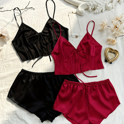 Women's Satin Pajama Set with Bow Tie Crop Top and Shorts for Summer Nights