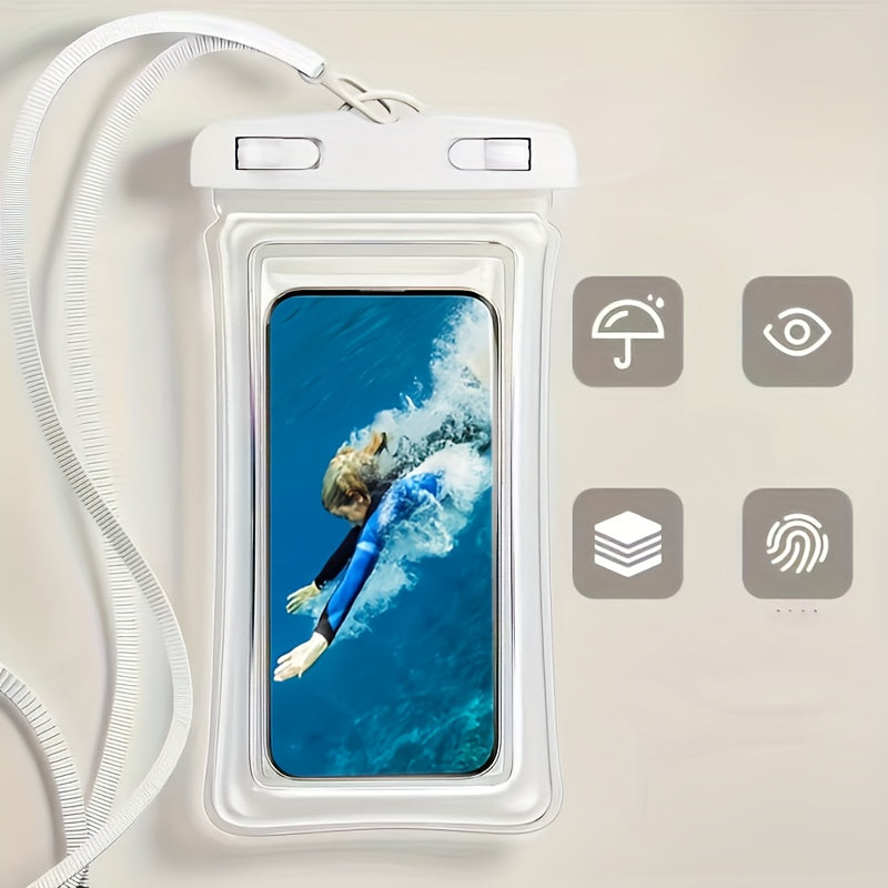 Waterproof phone pouch with 3D design and neck strap for 20.32 cm smartphones, ideal for beach, cruise, and travel.