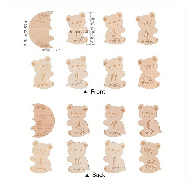 Cartoon Teddy Bear Wooden Milestone Keepsake, Growth Record and Birth Memory Card Set with Monthly Photo Props. Crafted from High-Quality Wood Materials for Baby's First Year. Perfect for Gifting during the Holiday Season.