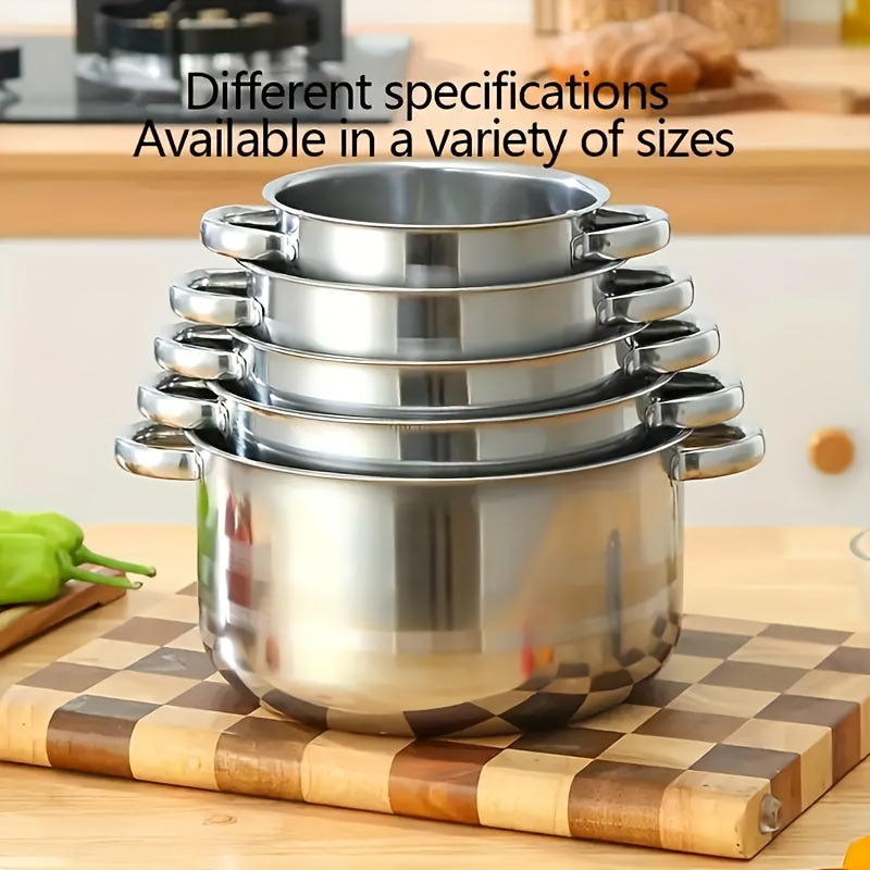 This set includes 10 pieces of stainless steel pots with specifications of 18.01/19.99/22.0/24.0/26.01 cm. The pots are silvery in color and come with double handles and lids. The set includes 5 pots and 5 lids, suitable for both home and restaurant