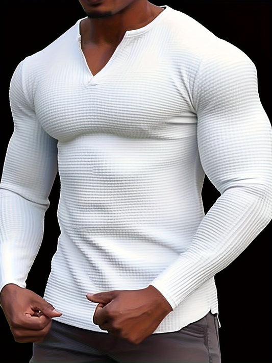 Men's waffle V-neck t-shirt for casual wear in spring, summer, and autumn.