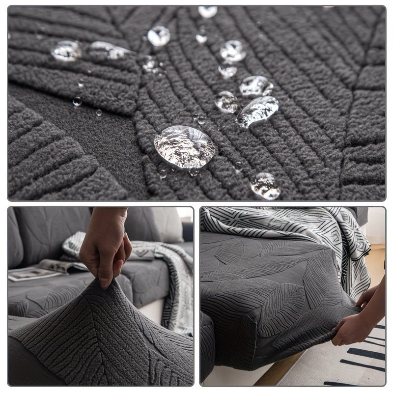 Waterproof elastic sofa cover suitable for all seasons, featuring a modern non-slip design for living room or office decor.