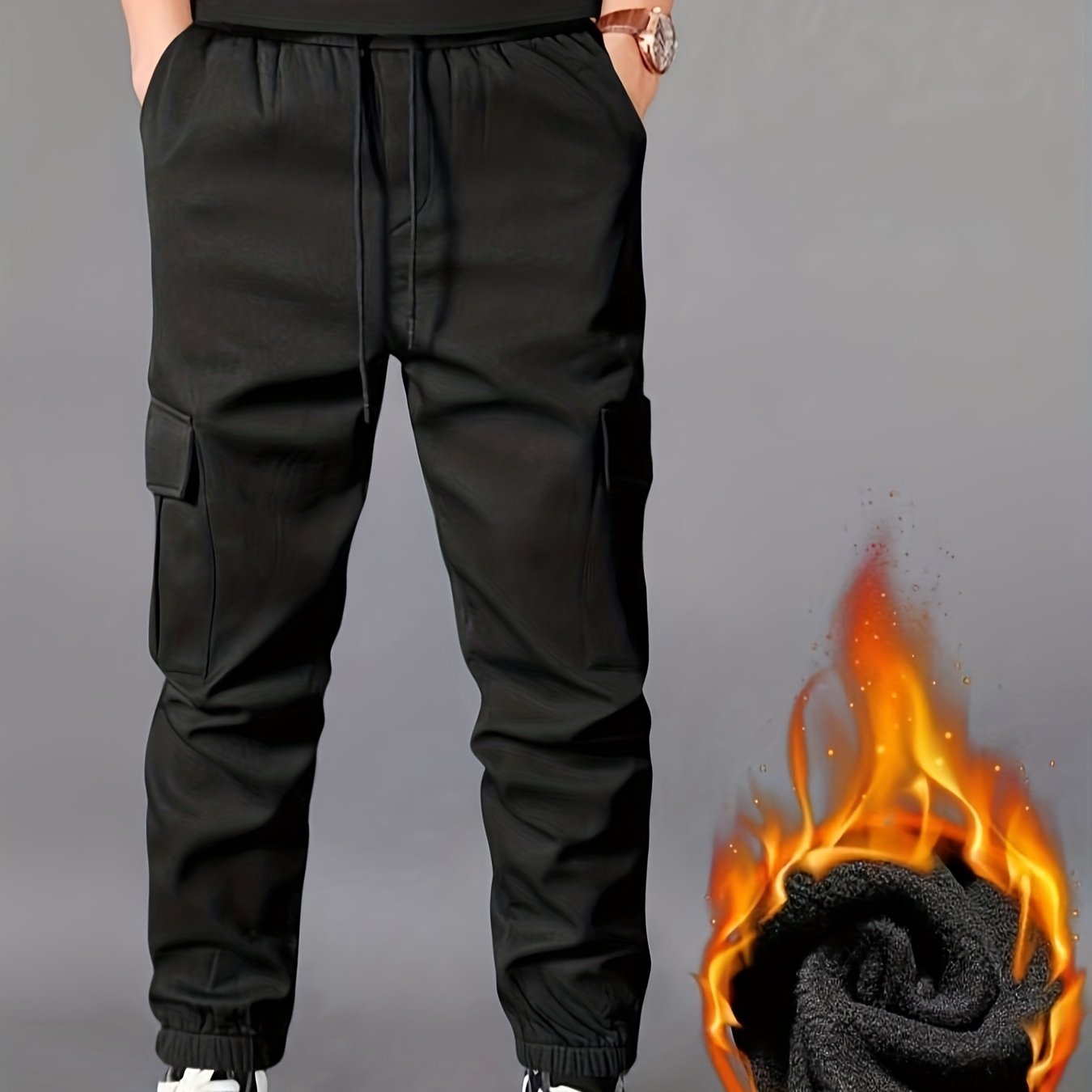 Men's winter cargo pants with solid color and non-stretch fabric, regular fit with drawstring, fleece-lined for warmth, available in plus size.