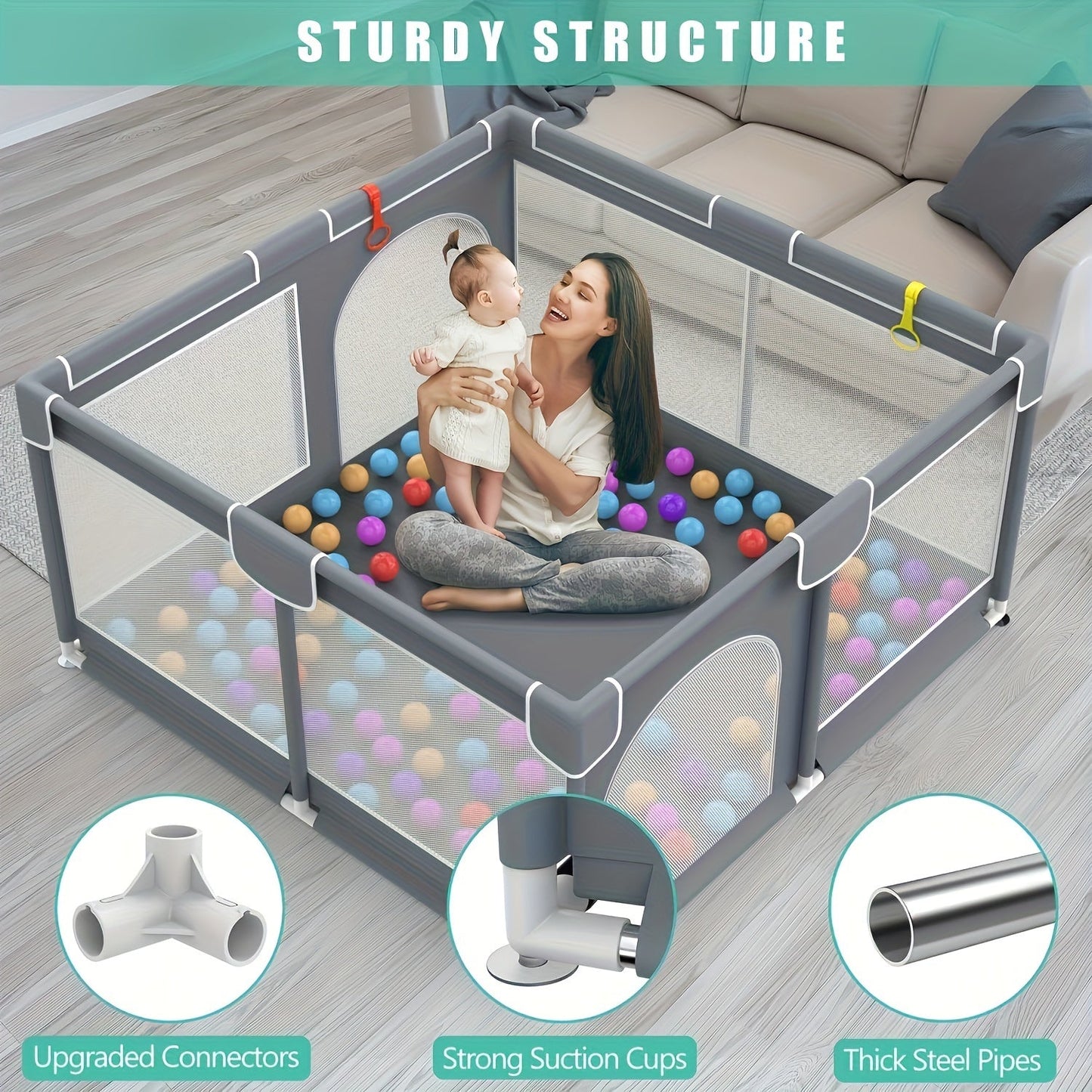 Assembly Required Extra Large Indoor Portable Metal Play Yard with Door, Safety Enclosed Activity Center, with Storage Bag and Ball Pit for Toddlers