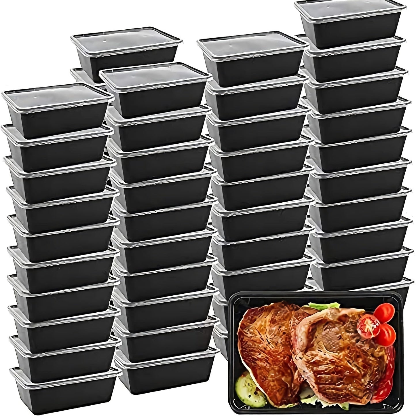 The package includes 10, 20, and 50 black lidded food storage containers. These ultra-thick plastic containers are portable and disposable, perfect for takeout meals. They are BPA-free and safe to use in the dishwasher, microwave, and refrigerator. Each