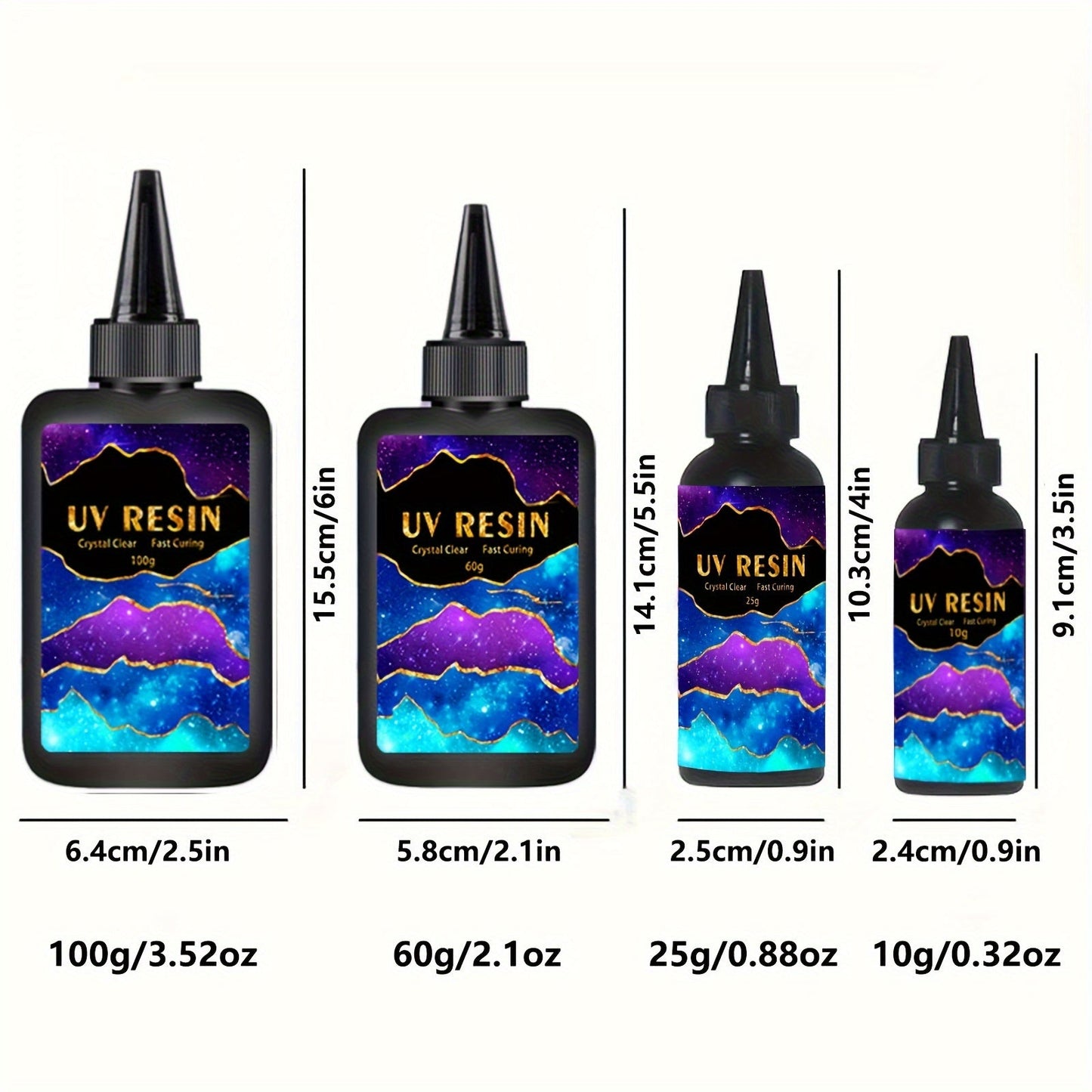 Upgrade your art and jewelry-making projects with this UV Resin Kit, available in 10g, 25g, 60g, and 100g sizes. The crystal clear hard UV curing premixed epoxy resin is perfect for beginners and comes with a lamp for easy curing. Get started on your