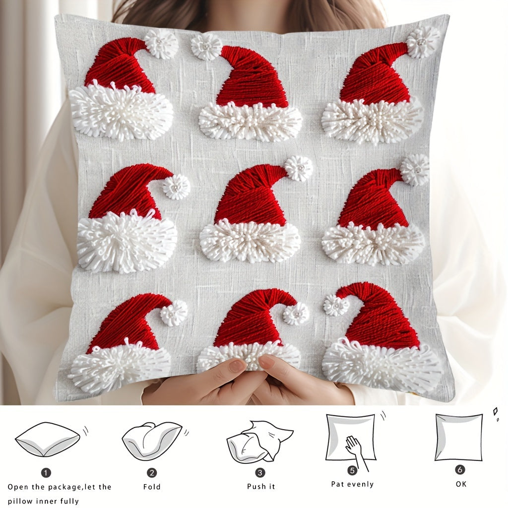 Christmas Santa hat design throw cushion cover, single sided, hand wash only, 44.96x44.96 cm, zipper closure, 100% polyester, festive weave, no insert.