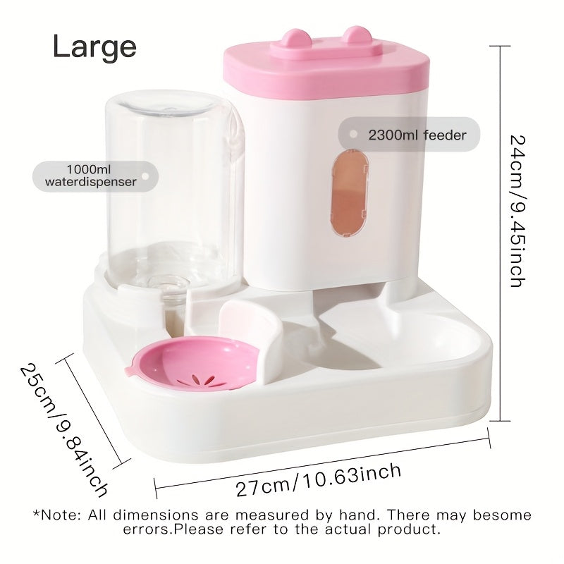 Dual bowl ergonomic cat feeder and water dispenser set made of plastic for cats, featuring automatic food and water feeding for neck-friendly use.