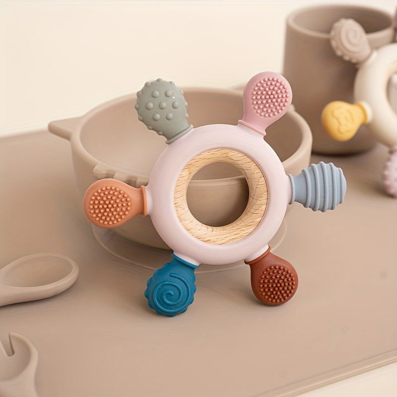 Wooden Baby Teether Ring Shaped like a Rudder, BPA-Free Silicone Material, Ideal Teething Toy for Babies, Perfect Gift for Boys and Girls, Includes Baby Accessories