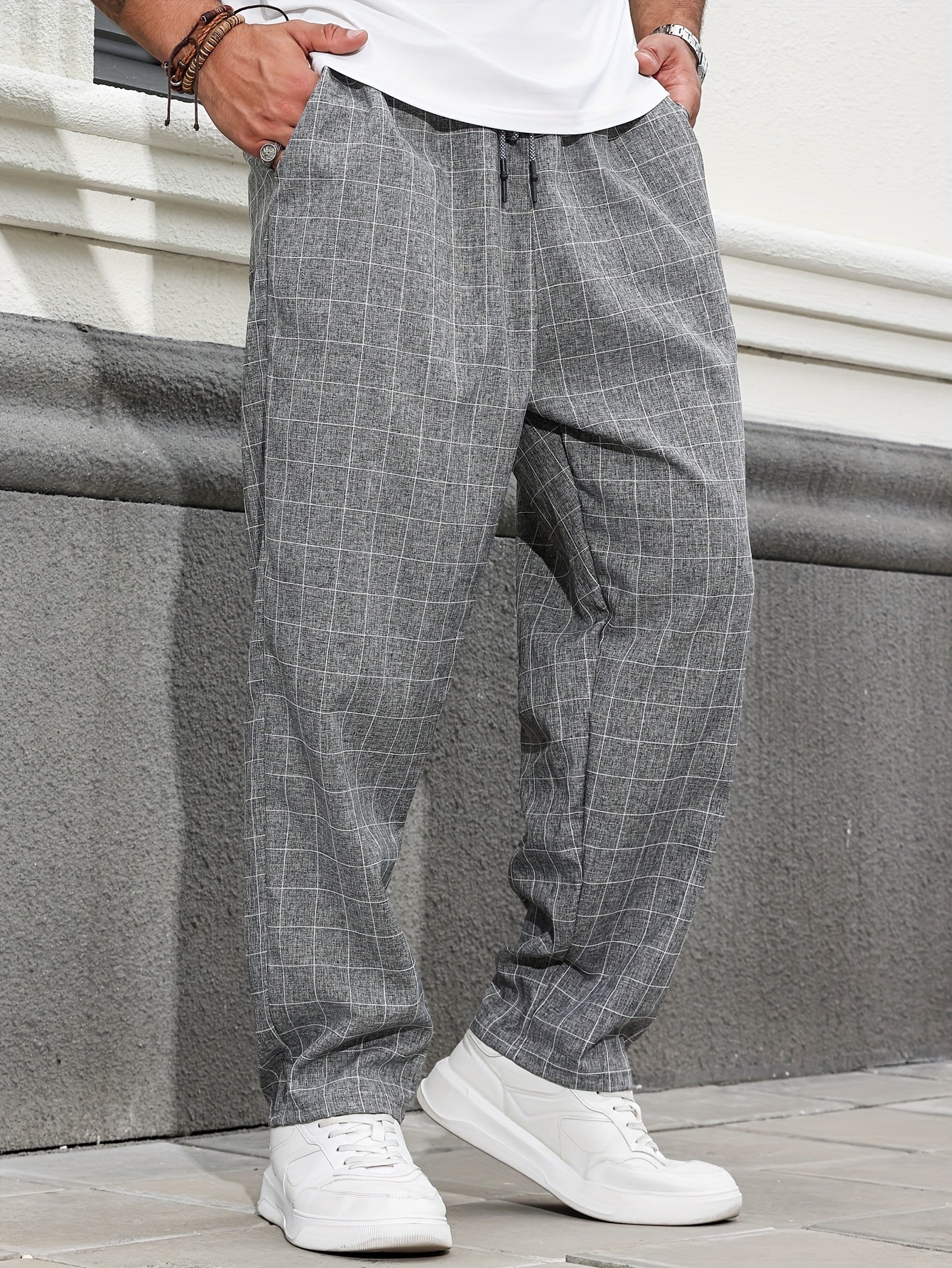 Oversized plaid pants for plus size men in breathable polyester for all seasons.