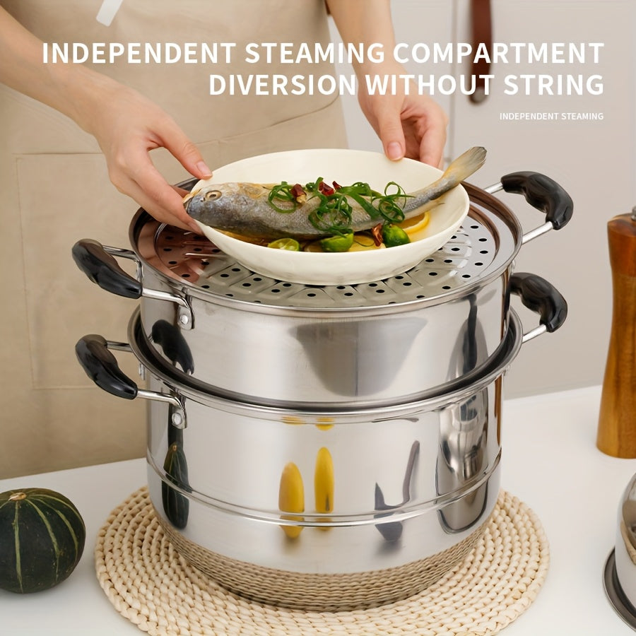 This durable 4-piece Stainless Steel Steamer Set features a 3-tier stackable design for both steaming and cooking. The set includes a soup pot, steamer rack, steaming tray, and lid, all designed for even heat distribution. The anti-scald electric wood