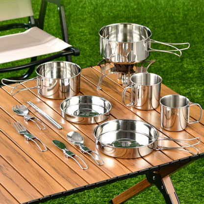 A complete set of 6 stainless steel outdoor cookware pieces for camping and picnics. This set includes a versatile multi-use board, 2 folding pots, a frying pan, and cups, all packed neatly in a storage bag. Rust-proof and portable for easy cooking