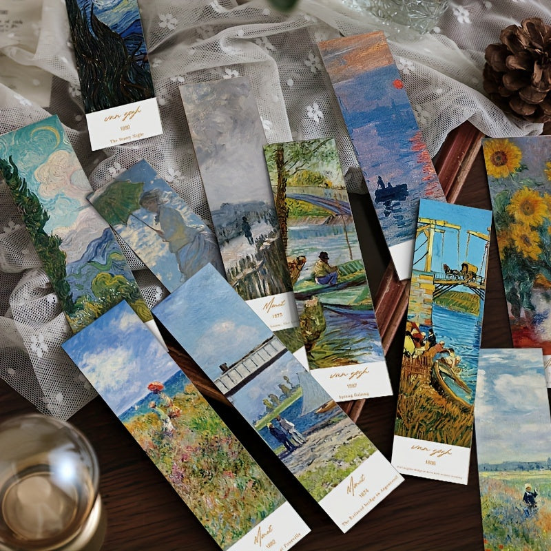 30pcs Classic Oil Painting Art Bookmarks featuring Van Gogh and Monet, DIY decorative small cards.