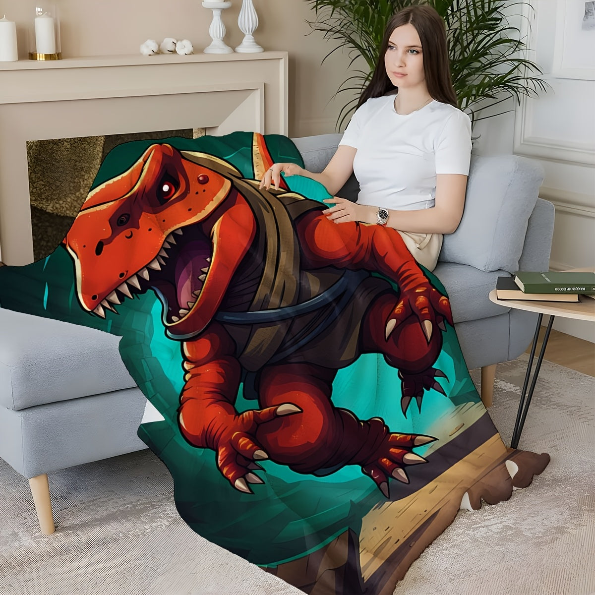 Stay cozy with the DinoDawn Cartoon Adventure Dinosaur Print Knitted Polyester Throw Blanket. This contemporary style blanket is perfect for all seasons, featuring a digital print design and soft, warm comfort. With a fabric weight of 200-250g, this