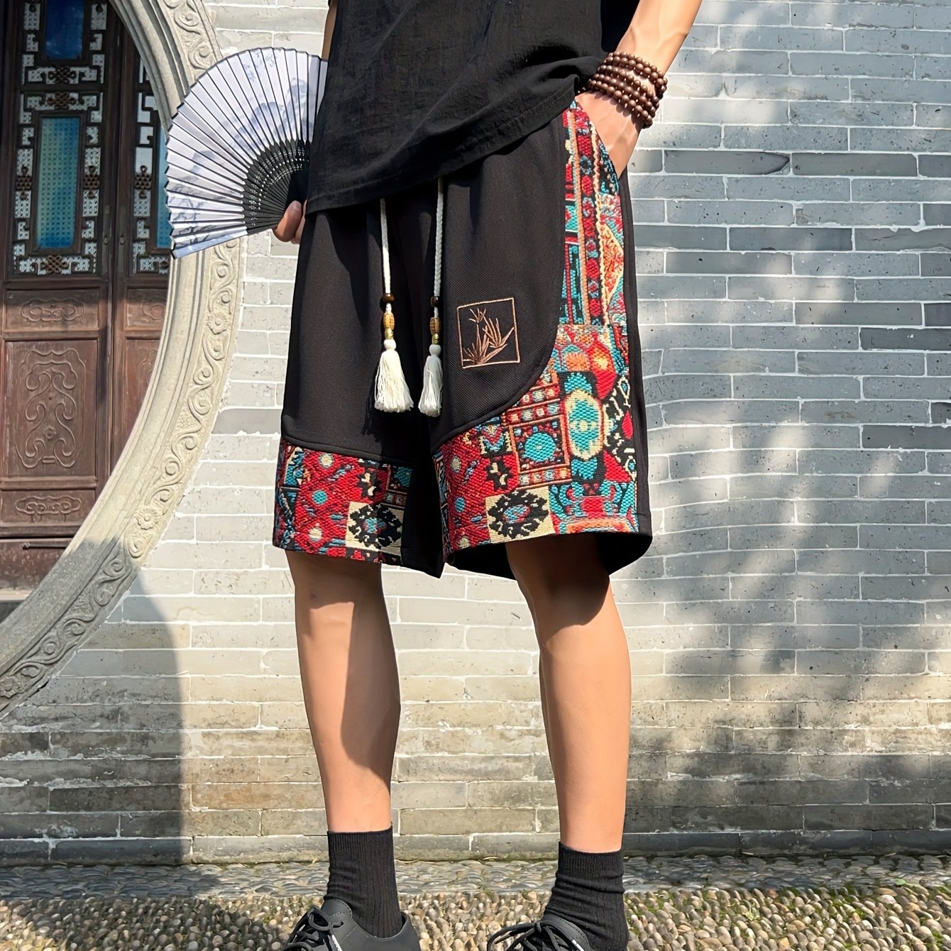 Men's Ethnic Embroidery Print Shorts with Pockets for Summer