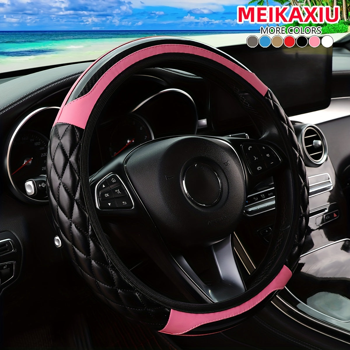 MEIKAXIU 3D Embroidered Crystal Carbon Fiber Faux Leather Steering Wheel Cover, Universal Fit for 36.83-38.1 cm, Available in 5 colors.