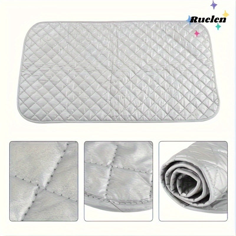 A non-electric silver-coated laundry pad that is heat resistant and portable, featuring thick cotton padding. This ironing mat can be used for dryer, washer, travel, hotel, and dorm use. It is a multipurpose accessory for ironing, and comes in a set of 1