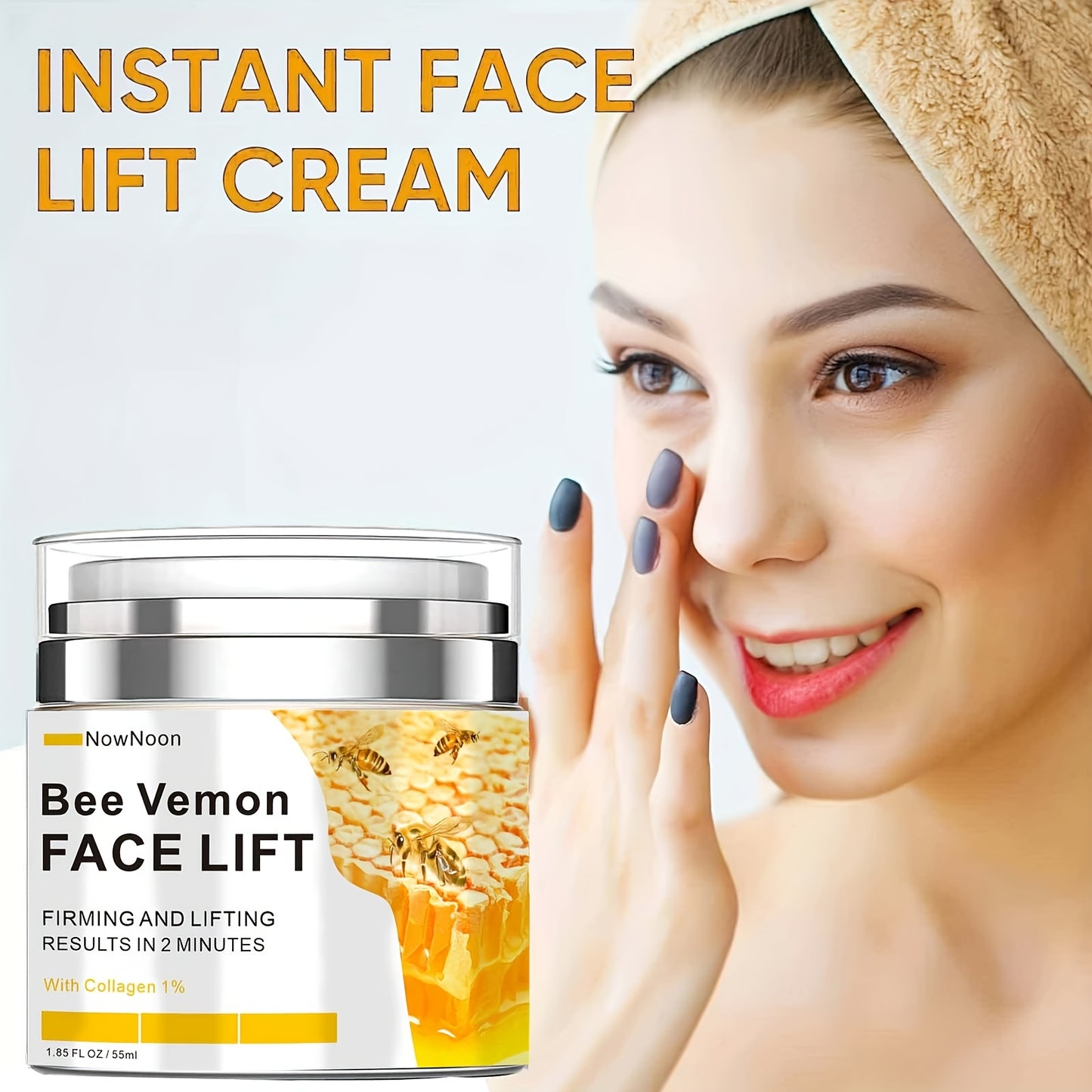 NowNoon Bee Vemon Instant Face Lift Cream - 1.85 fl. Oz tightens, firms, and smooths skin with alcohol-free formula including Hyaluronic Acid for all skin types.