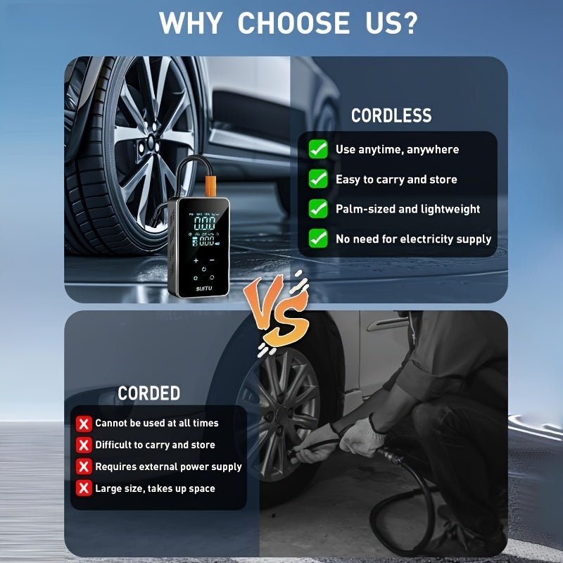 Electric car tire inflater with quick inflation, rechargeable lithium battery, suitable for various uses.