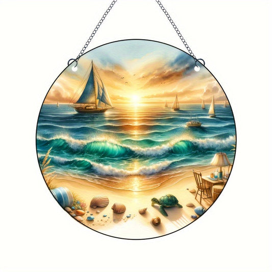 Beach sailing landscape art color window hanging sun catcher, a beautiful gift for mothers, family, friends, and lovers. This acrylic round wreath signboard is perfect for garden decoration, yard, house, home, door welcome, and color art decoration.