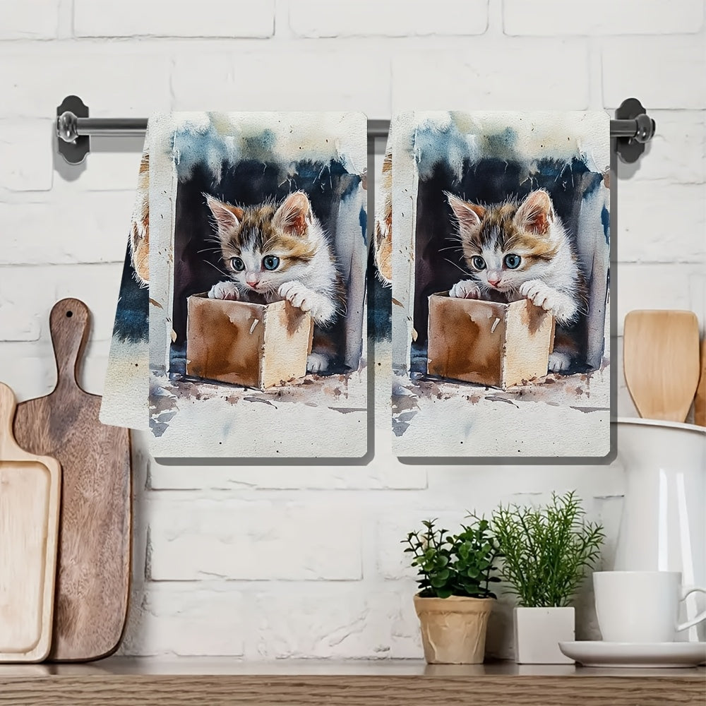 Description: Enhance your kitchen decor with this set of 2 ultra soft kitchen towels featuring an adorable kitten in a box design. These towels are highly absorbent and machine washable, making them perfect for everyday use. The contemporary coastal