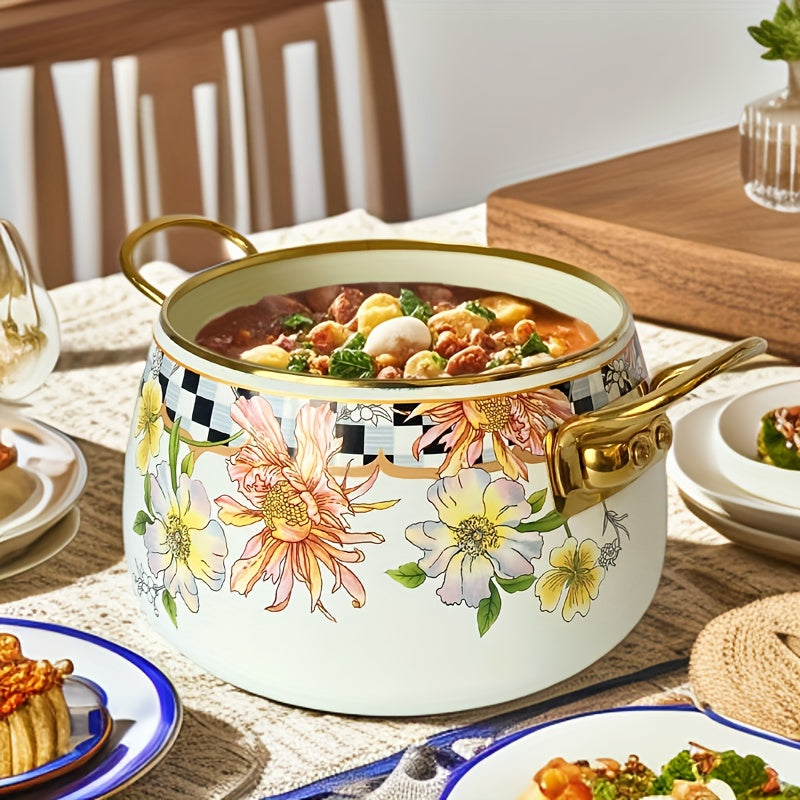 French Daisy Stockpot with Lid, featuring Enamel Coating and Induction Compatibility, adorned with a Beautiful Floral Design - No Electricity Required, making it Ideal for Cozy Fall Evenings.