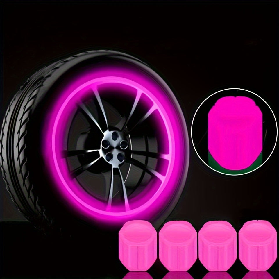 16pcs Luminous Tire Valve Stem Caps for bikes, motorcycles, and cars. Glow-in-the-dark wheel valve covers made of durable plastic. Dust-proof, leak-proof design.