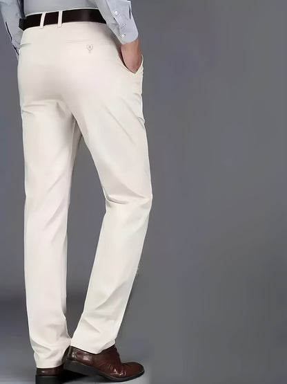 Men's solid dress pants, lightweight and comfortable with a regular fit and cuffed hems suitable for all seasons, ideal for business and casual wear.