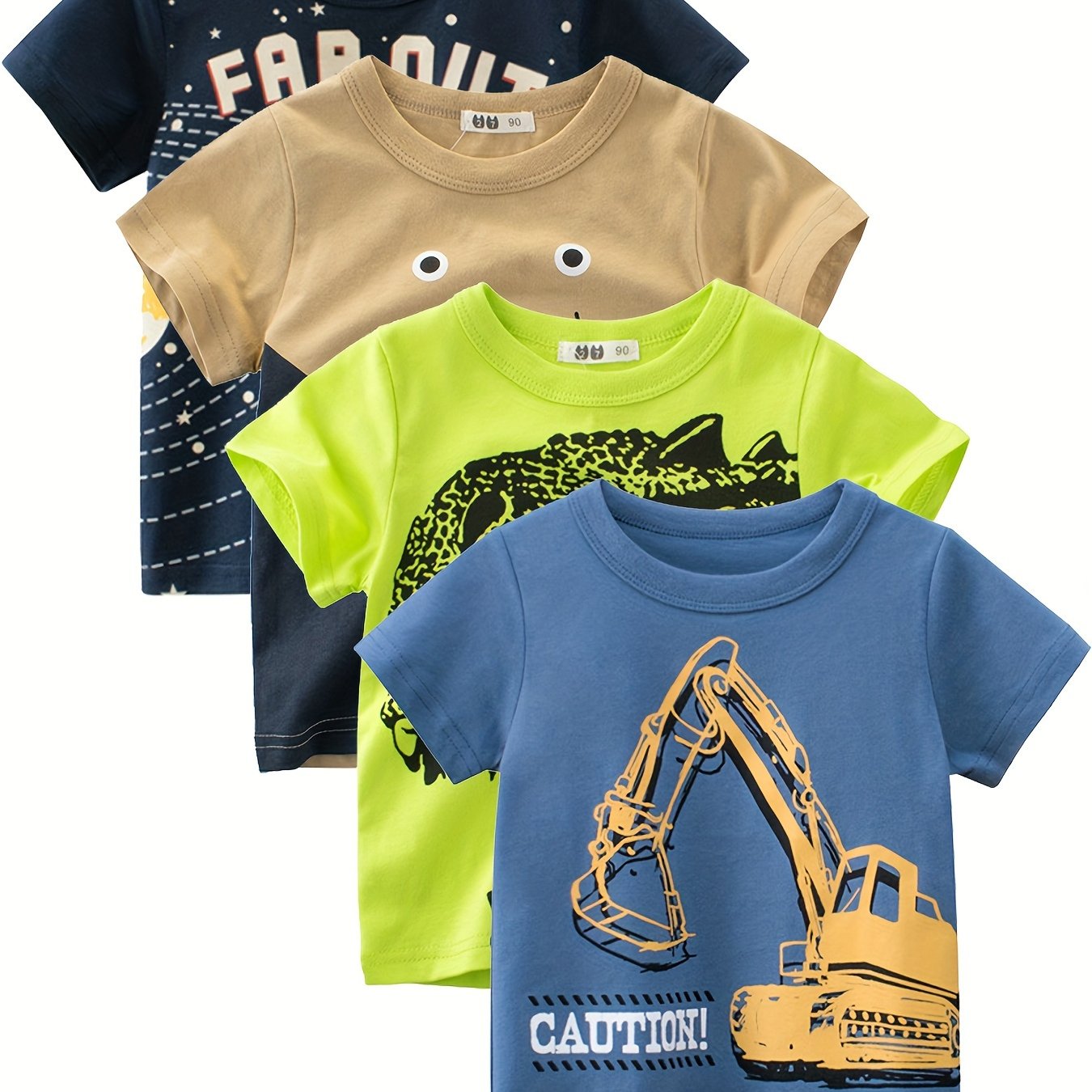 Four summer cotton t-shirts for boys in navy, beige, and blue featuring cartoon excavator and far out prints. Soft and breathable youngsters' clothing.