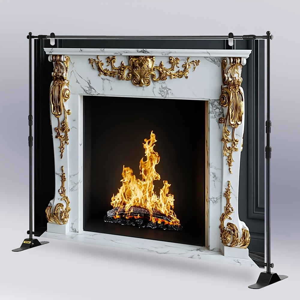 Classy White Marble Fireplace with Beautiful Golden Baroque Details - Perfect Polyester Background for Photoshoots, Events & Seasonal Decor