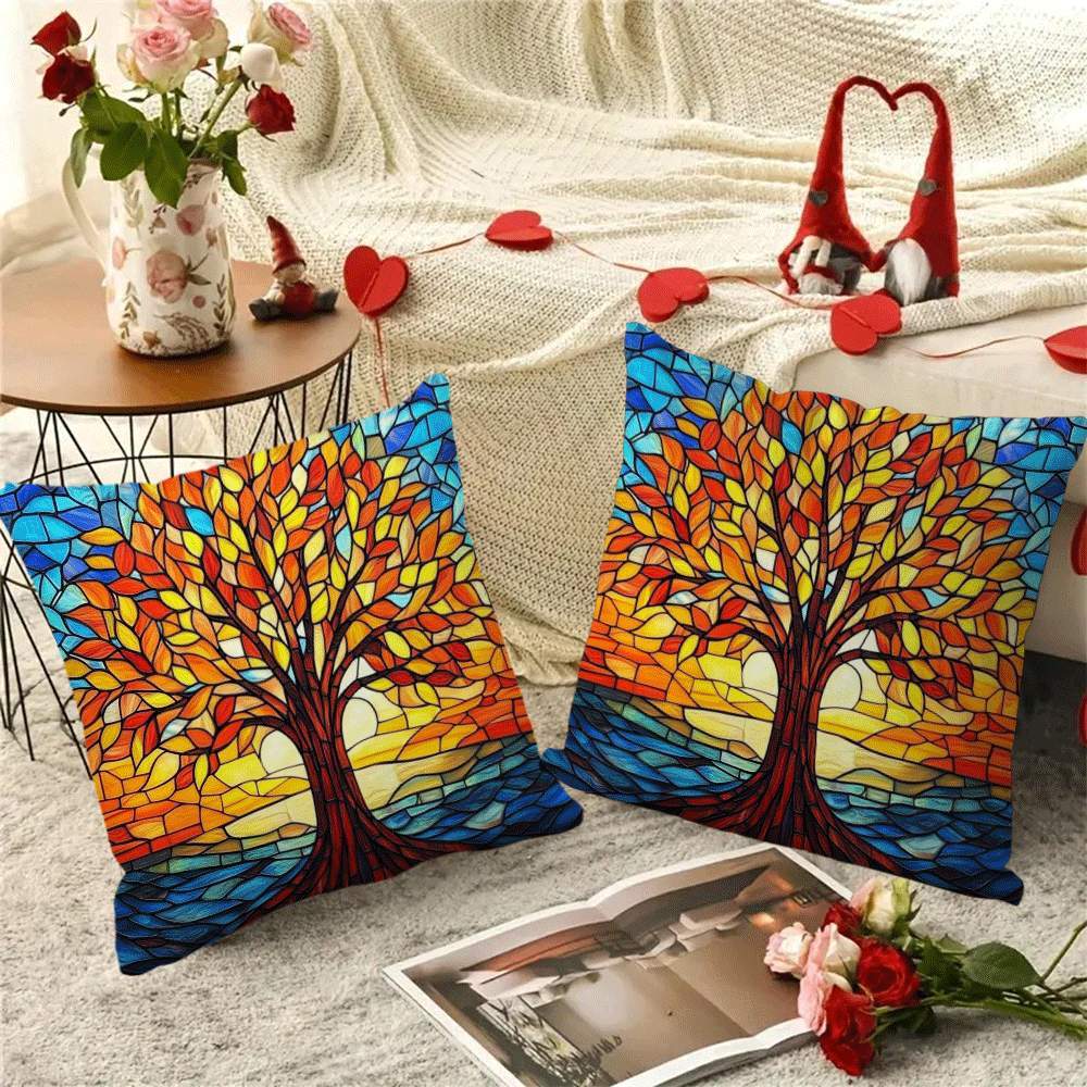 Two pieces of Autumn Tree of Life plush pillow covers measuring 45.72x45.72cm - Suitable for use on sofa, bedroom, and outdoor spaces. Features zip closure and is machine washable.