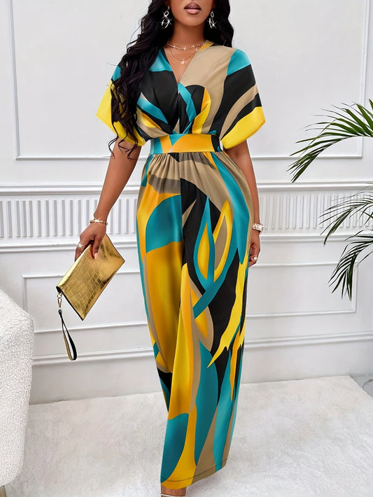 Women's geometric print jumpsuit with batwing sleeves, tie waist, v-neck, machine washable polyester, suitable for all seasons.