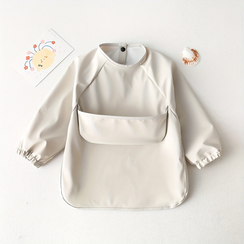 Wearing a Long Sleeve Soft PU Material Bib that Covers and Protects Eating Clothes, Waterproof and Reversible for Easy Cleaning.