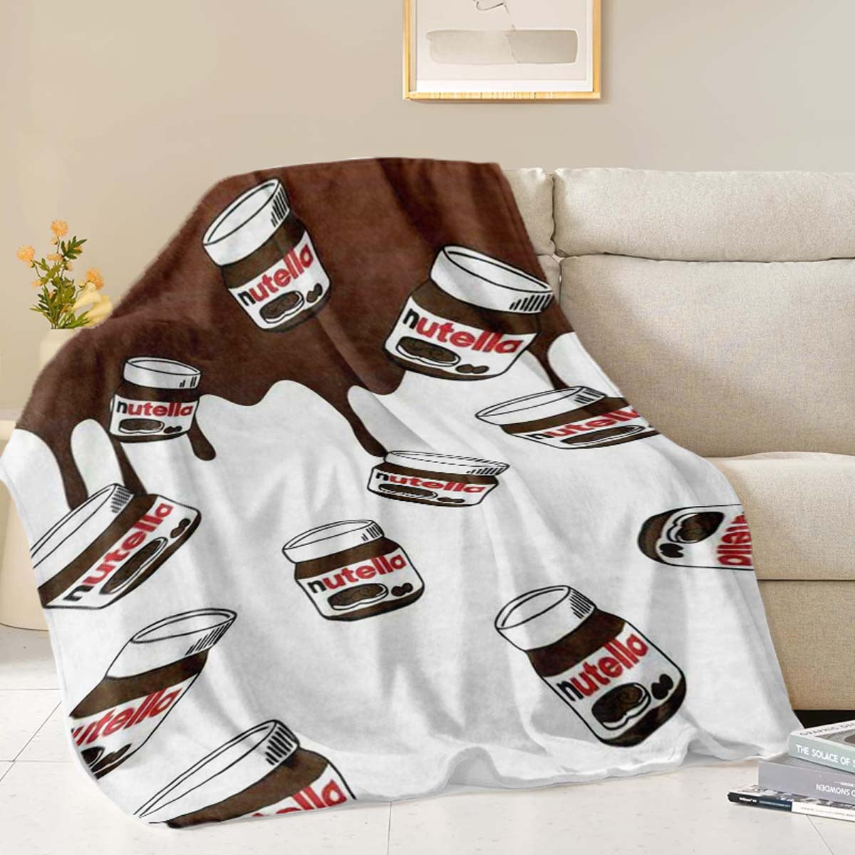 Cozy up with this luxurious Nutella Chocolate Spread Art Flannel Fleece Throw Blanket. Featuring a digital print design, this soft and cozy wrap is perfect for use on the sofa, in the office, on the bed, or while traveling. The glamorous Nutella pattern