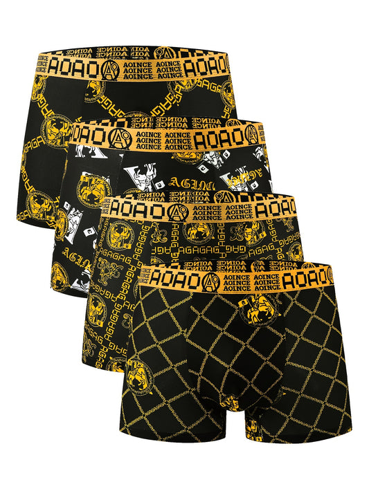 Set of 4 black and gold chain printed men's flat underwear, soft, comfortable, breathable, and fast-drying. Ideal for sports.