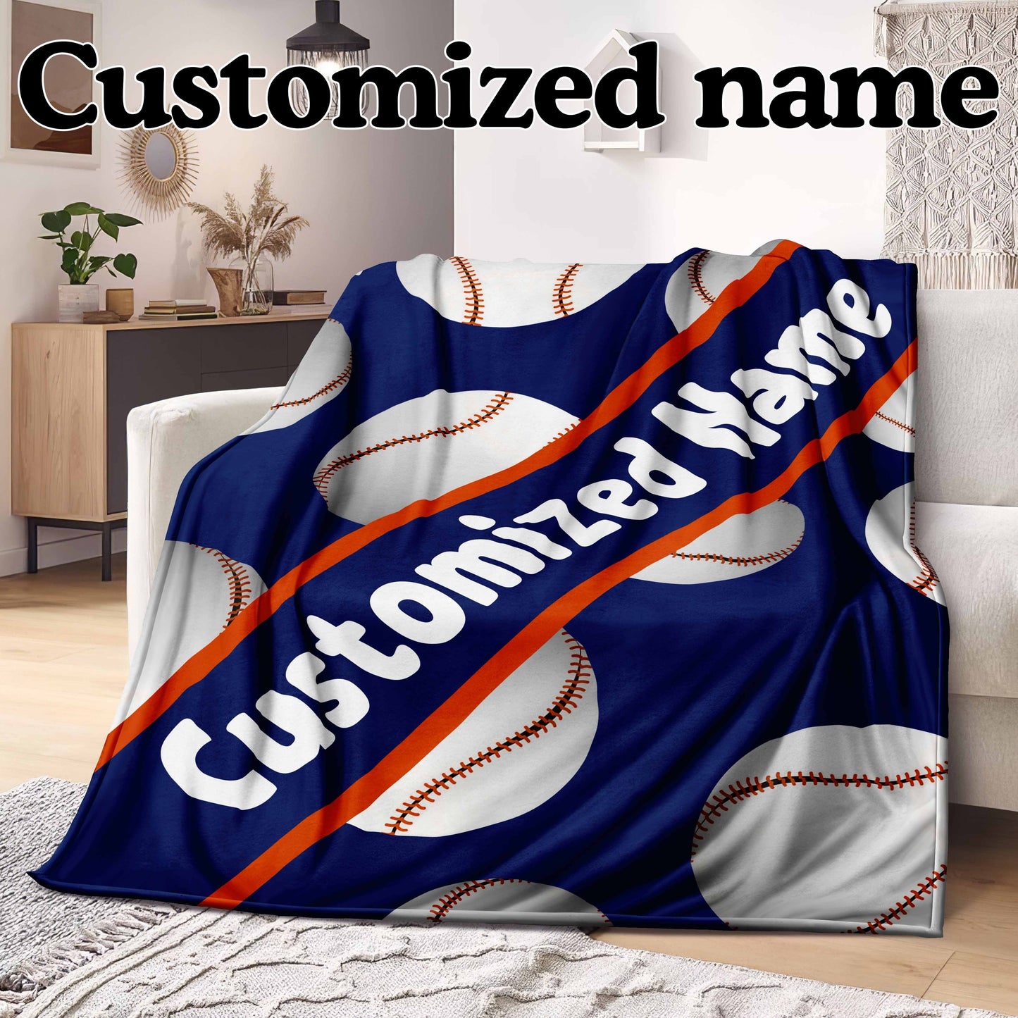 Fleece Baseball Blanket with Custom Name, Personalized Sports Throw, Reversible Design, Lightweight All-Season Sofa Camping Travel Blanket, Contemporary Style, Machine Washable, Superfine Fiber Cover, Knitted Fabric, 3D Baseball Print, 250-300g Square